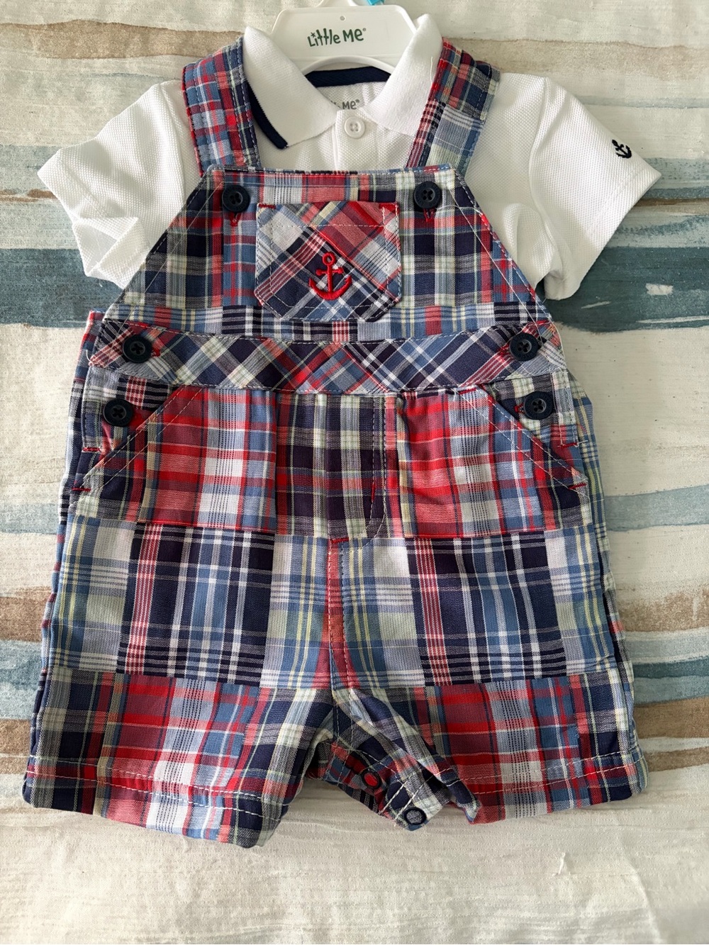 Little Me Red, Navy & White Plaid Short Overalls with White Polo